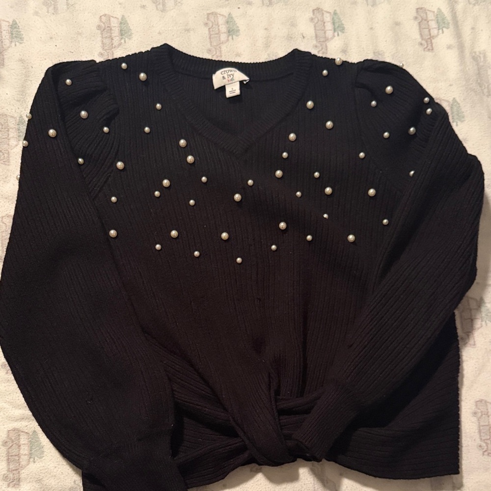 crown & ivy Black V-Neck Sweater with Pearl Details